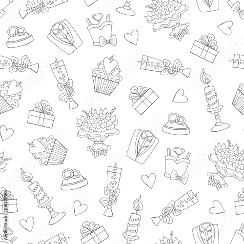 Vector pattern with hand drawn isolated symbols of wedding on wh