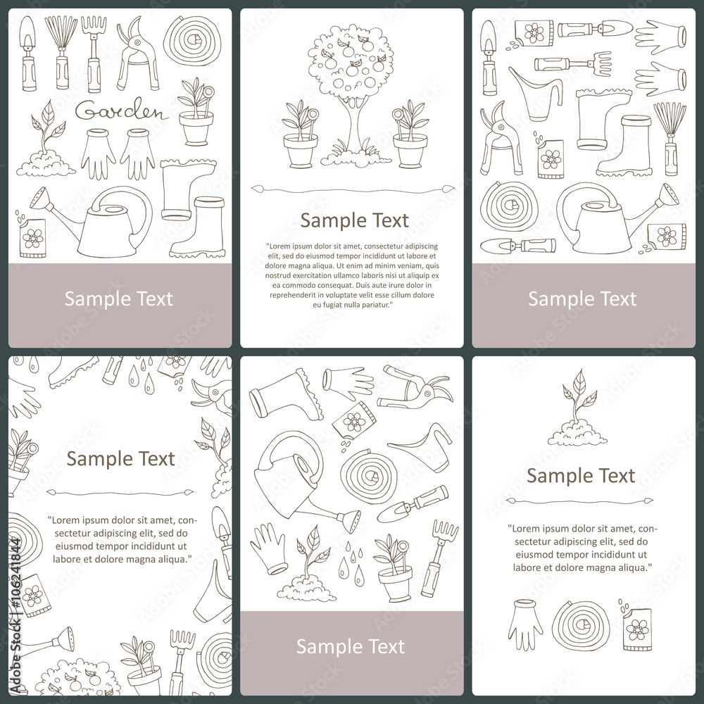 Obraz premium Vector set of cards with hand drawn symbols of garden and spring