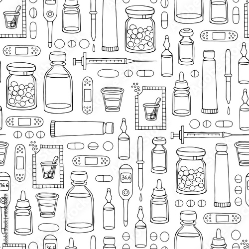 Vector hand drawn pattern on the theme of pharmacy, medicine on white color