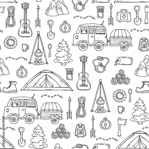 Vector pattern with hand drawn isolated symbols of tourism on white color