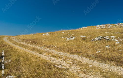 Autumanl landscape with rocky road on Ai-Petri mountain tableland in Crimean peninsula