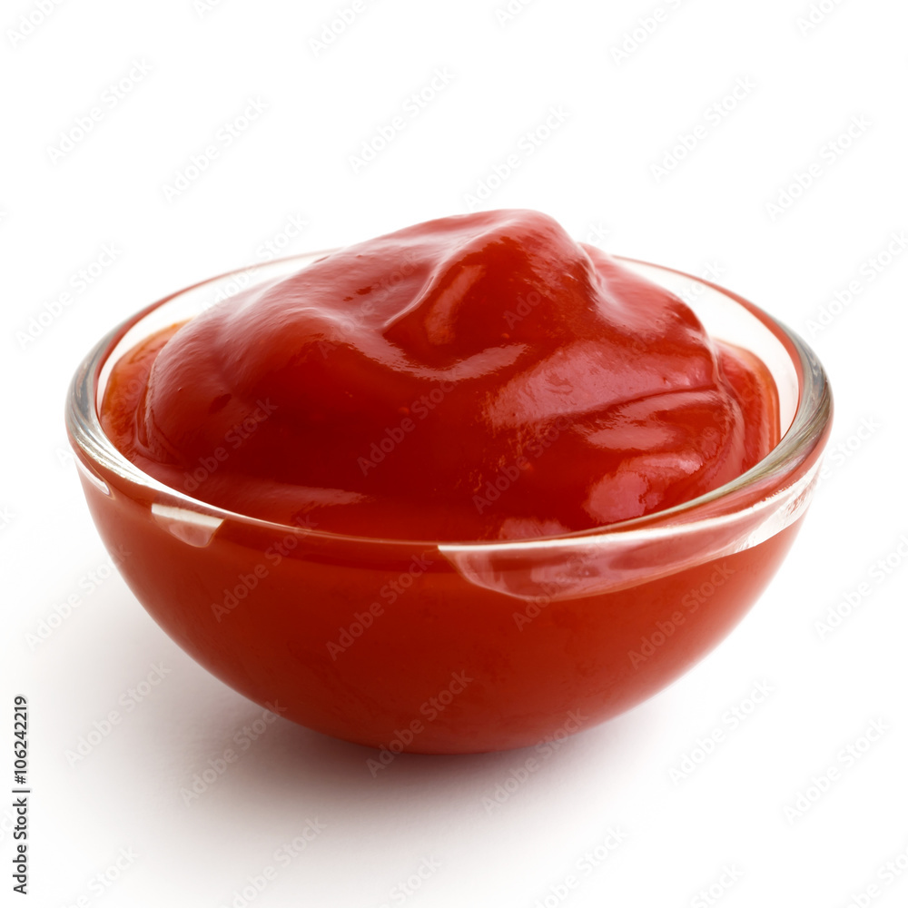 Small glass condiment bowl of red tomato sauce ketchup. - obrazy, fototapety, plakaty 