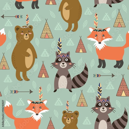 Tribal seamless pattern with cute animals