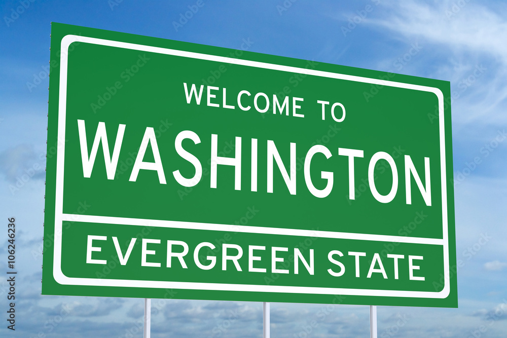 Welcome to Washington state road sign, 3D rendering