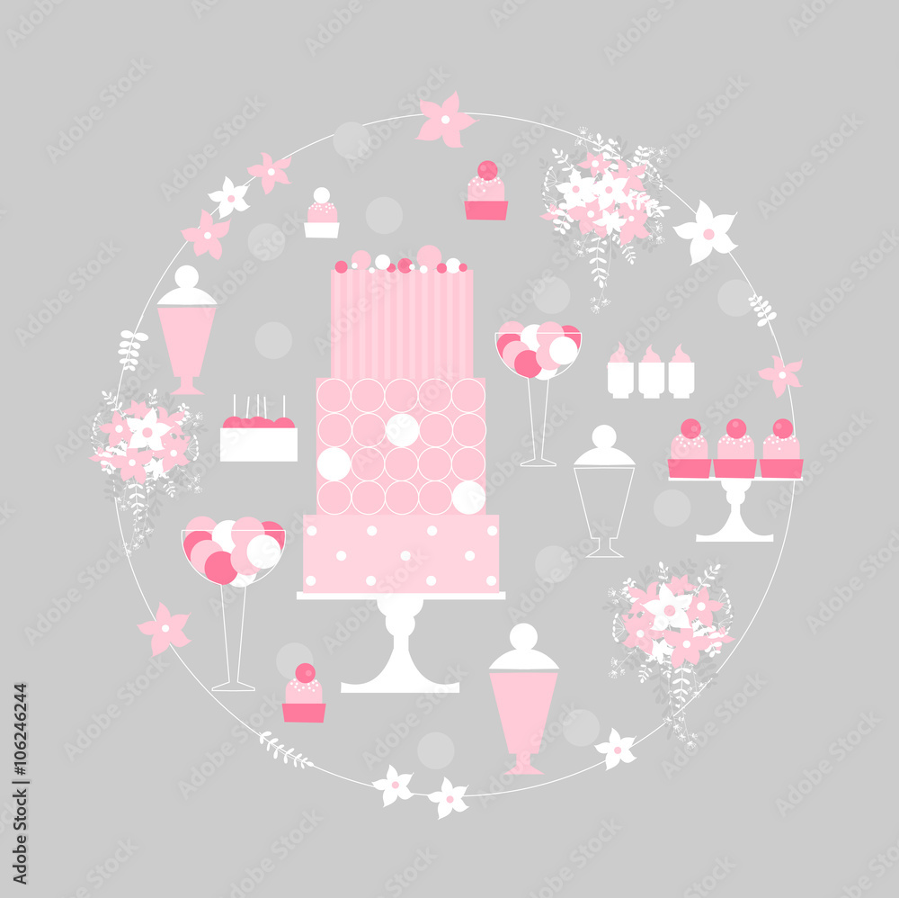 Sweet table with cake in round frame. Vector illustration. Sweet table with cake in round frame. Vector illustration.