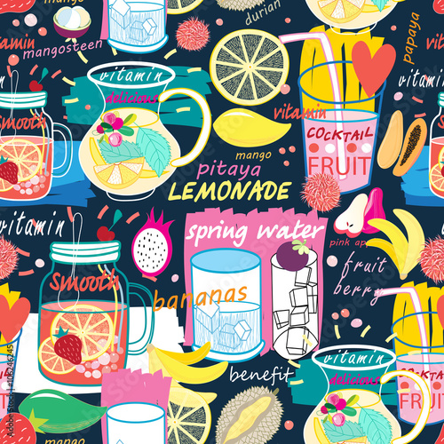 Bright pattern of various fruit drinks and fruit
