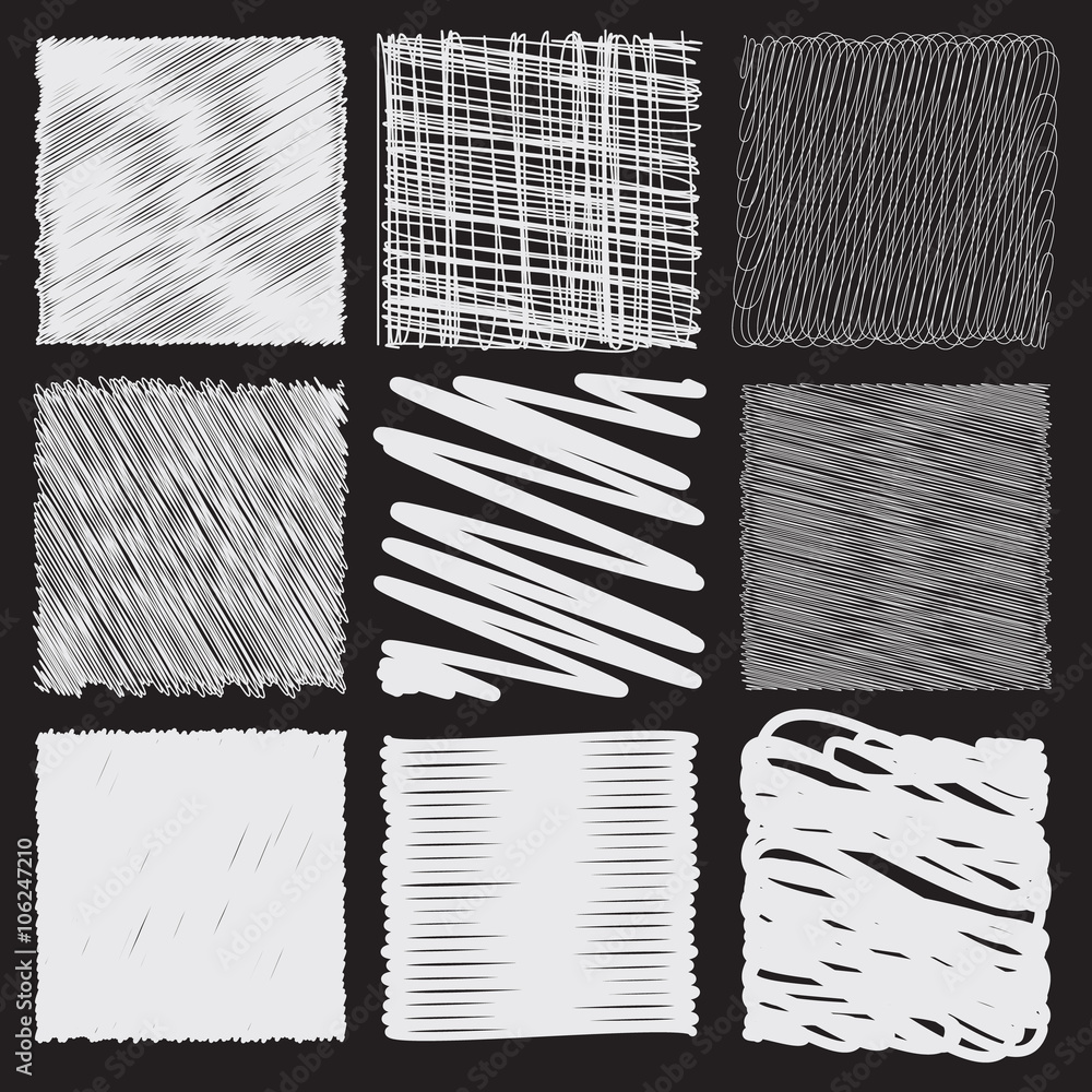 Fototapeta Collection of backgrounds with linear doodles. Black and white pattern with hand drawn lines. Abstract squiggly minimal lines entangled set. 9 unique backgrounds to entangled thin and bold lines.