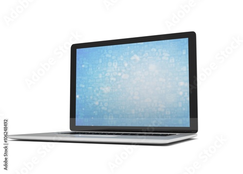 3d rendering of a laptop with blue wallpaper with app icon