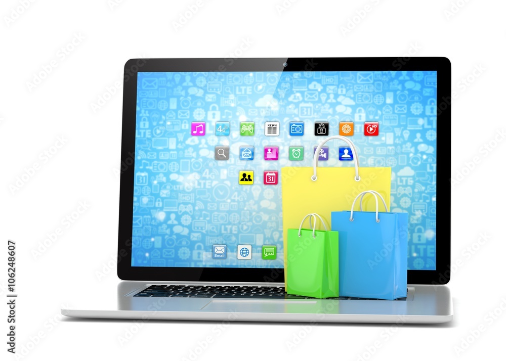 laptop and  shopping pags on white background