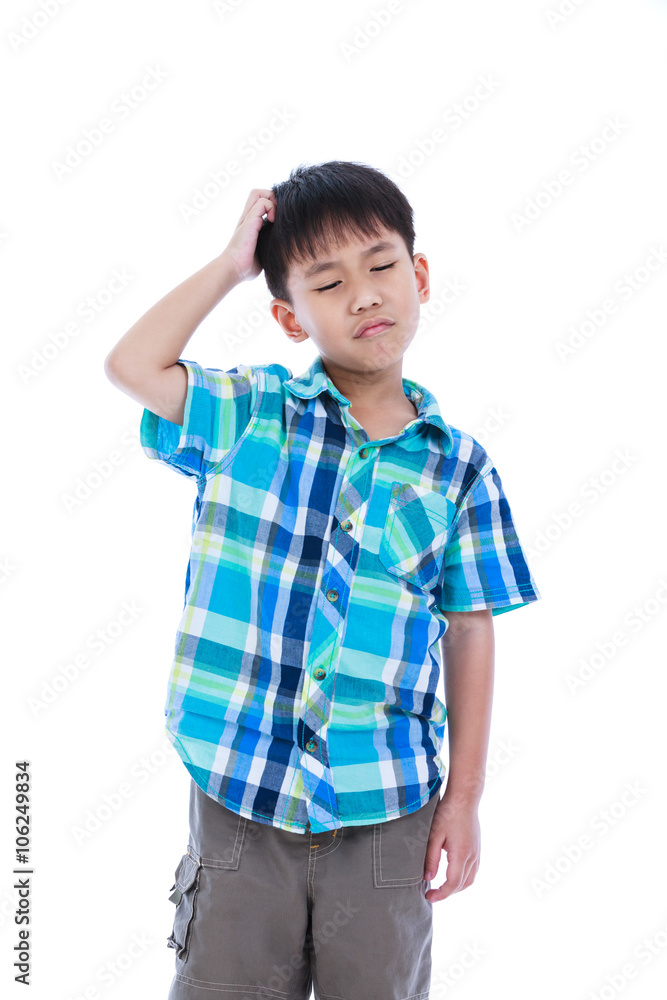 Attractive 7 year old boy making thinking expression. Isolated o Attractive 7 year old boy making thinking expression. Isolated o