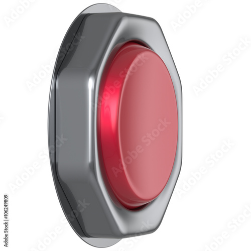 Button red start turn on off action military game panic push down activate ignition power switch electric design element metallic shiny blank led lamp. 3d render isolated