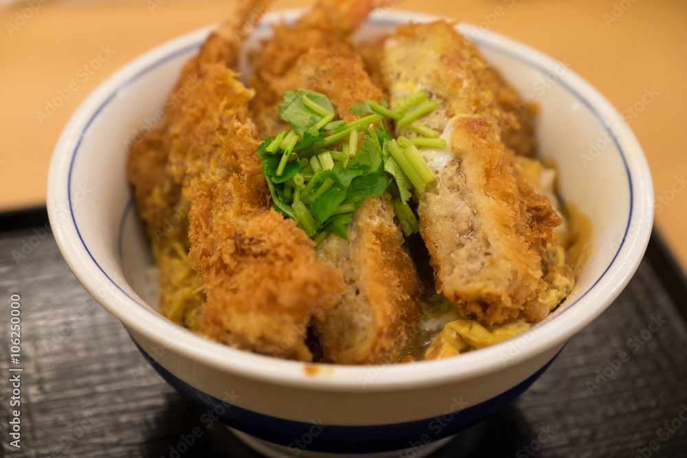 Japanese breaded deep fried pork with egg name is Katsudon Japanese breaded deep fried pork with egg name is Katsudon
