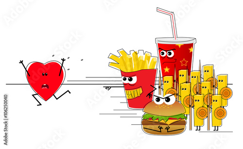 Heart Attack - Conceptual illustration of a heart running away from an evil fast food army. Eps10