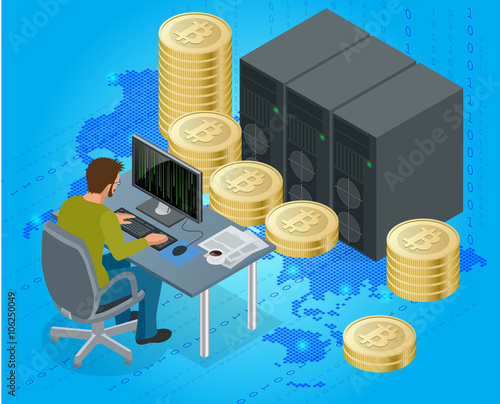 Flat 3d isometric man on computer online mining bitcoin concept. Bitcoin mining equipment. Digital Bitcoin. Golden coin with Bitcoin symbol in electronic environment.