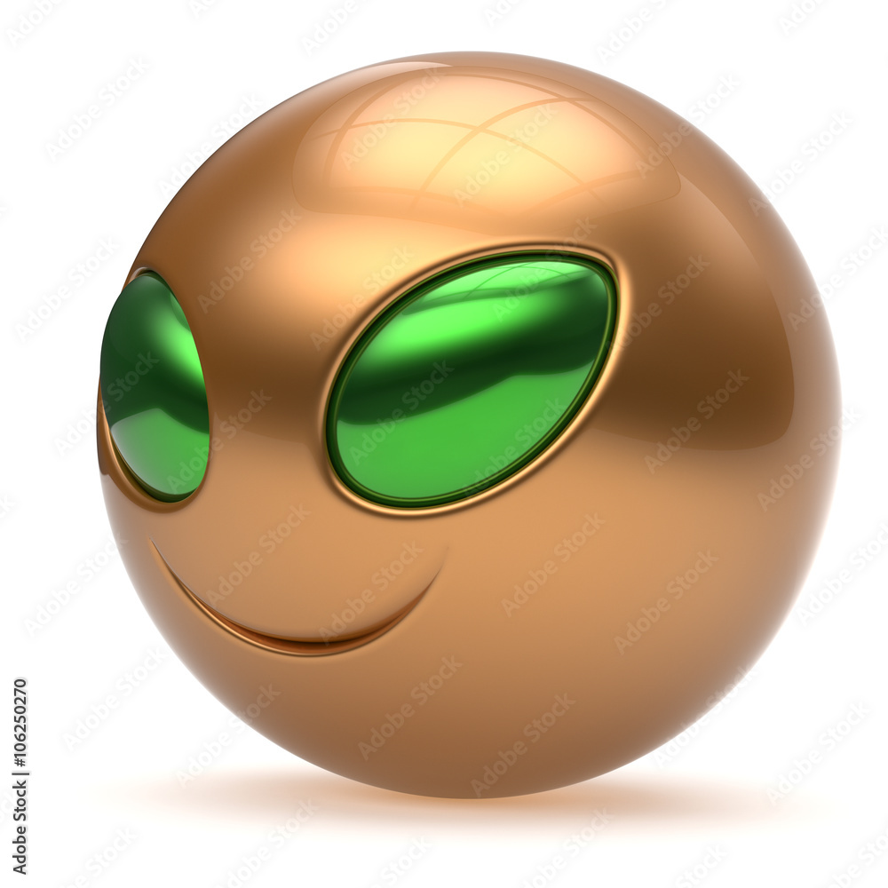 Alien face smiley cartoon cute head emoticon monster ball golden green  avatar. Cheerful funny smile invader person character toy laughing eyes joy  icon concept. 3d render isolated Stock Illustration | Adobe Stock