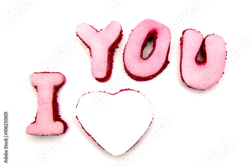 Sweet Marshmallow candy "I Love You" isolated on white