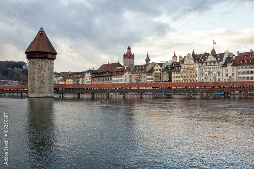 Kapellbrucke chapel bridge with water tower in Lucerne, Switzerland