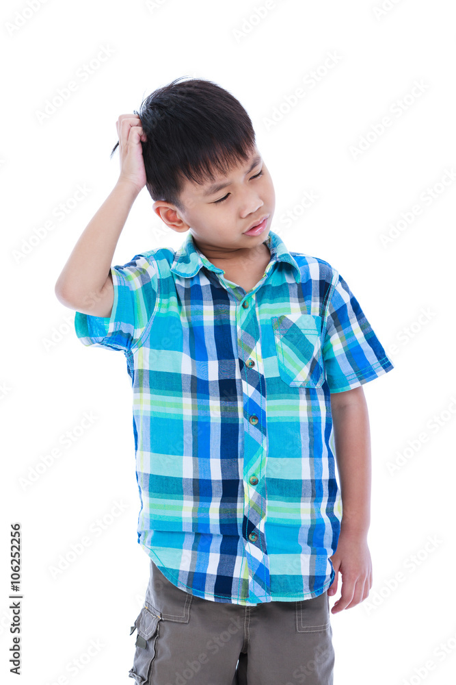 Attractive 7 year old boy making thinking expression. Isolated on white background. Attractive 7 year old boy making thinking expression. Isolated on white background.