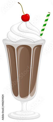 Vector illustration of a chocolate milkshake topped with whipped cream and a cherry.