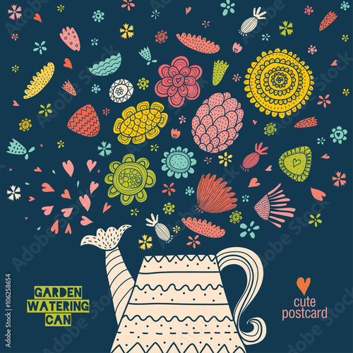 Garden watering can. Cute vector postcard.