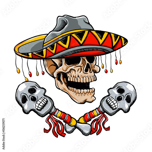Skull Mexican style with sombrero and maracas