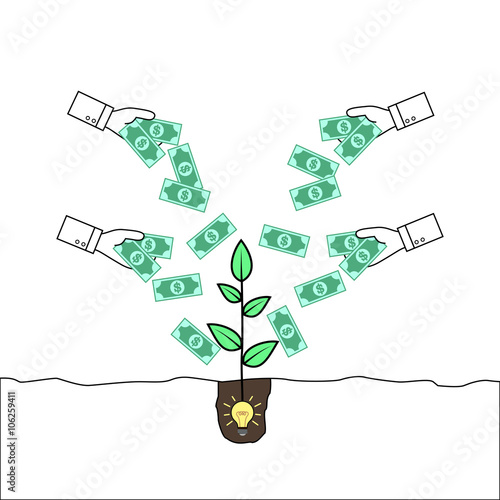 Hands giving money to a plant emerging from an idea bulb. Concept of crowd funding