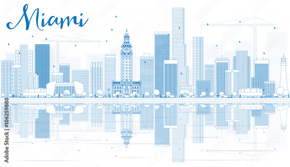 Fototapeta premium Nakreśl panoramę Miami z niebieskimi budynkami i odbiciami.