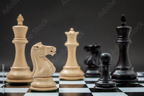 Black and White King and Knight of chess setup on Chessboard and