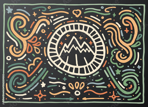 Mountain. Hand drawn vintage print with decorative outline ornament