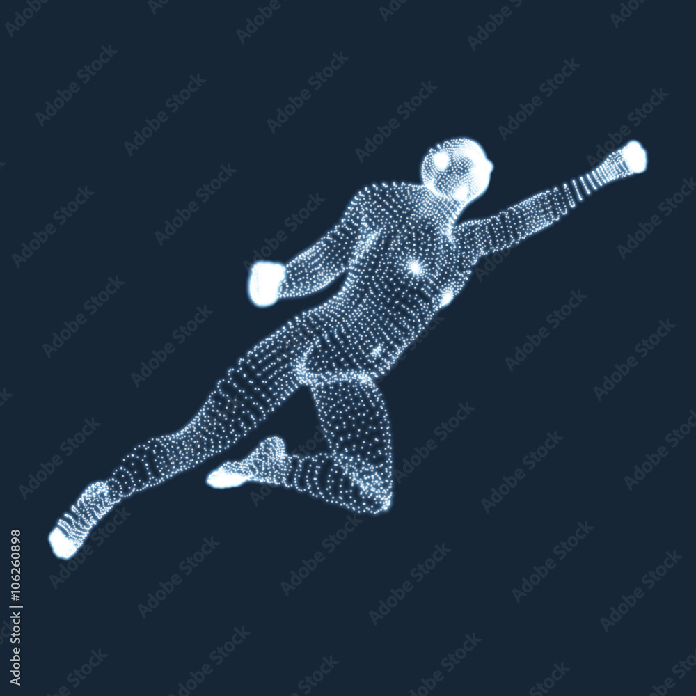Jumping Man. Vector Graphics Composed of Particles. 3D Model of Man. Human Body Model. Body Scanning. View of Human Body. Jumping Man. Vector Graphics Composed of Particles. 3D Model of Man. Human Body Model. Body Scanning. View of Human Body.