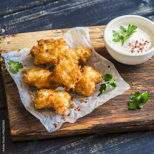 Photography Crispy fried fish on a wooden rustic board