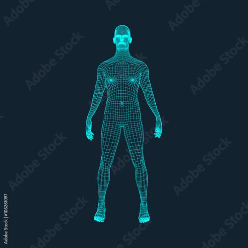 3D Model of Man. Polygonal Design. Geometric Design. Business, Science and Technology Vector Illustration. 3d Polygonal Covering Skin. Human Polygon Body. Human Body Wire Model.