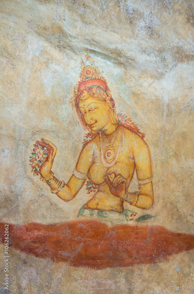 Photo of Apsara Frescoes on Mirror Wall at Sigiriya Rock Fortress, UNESCO World Heritage Site, Sri Lanka.