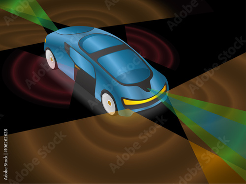 futuristic car and various sensors, view from diagonally and front, vector illustration