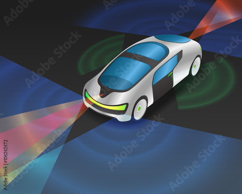 futuristic car and various sensors, view from diagonally and front, vector illustration