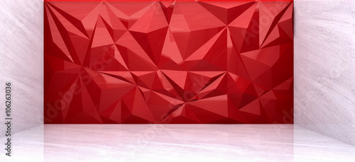 3D rendering of red polygon wall in marble room