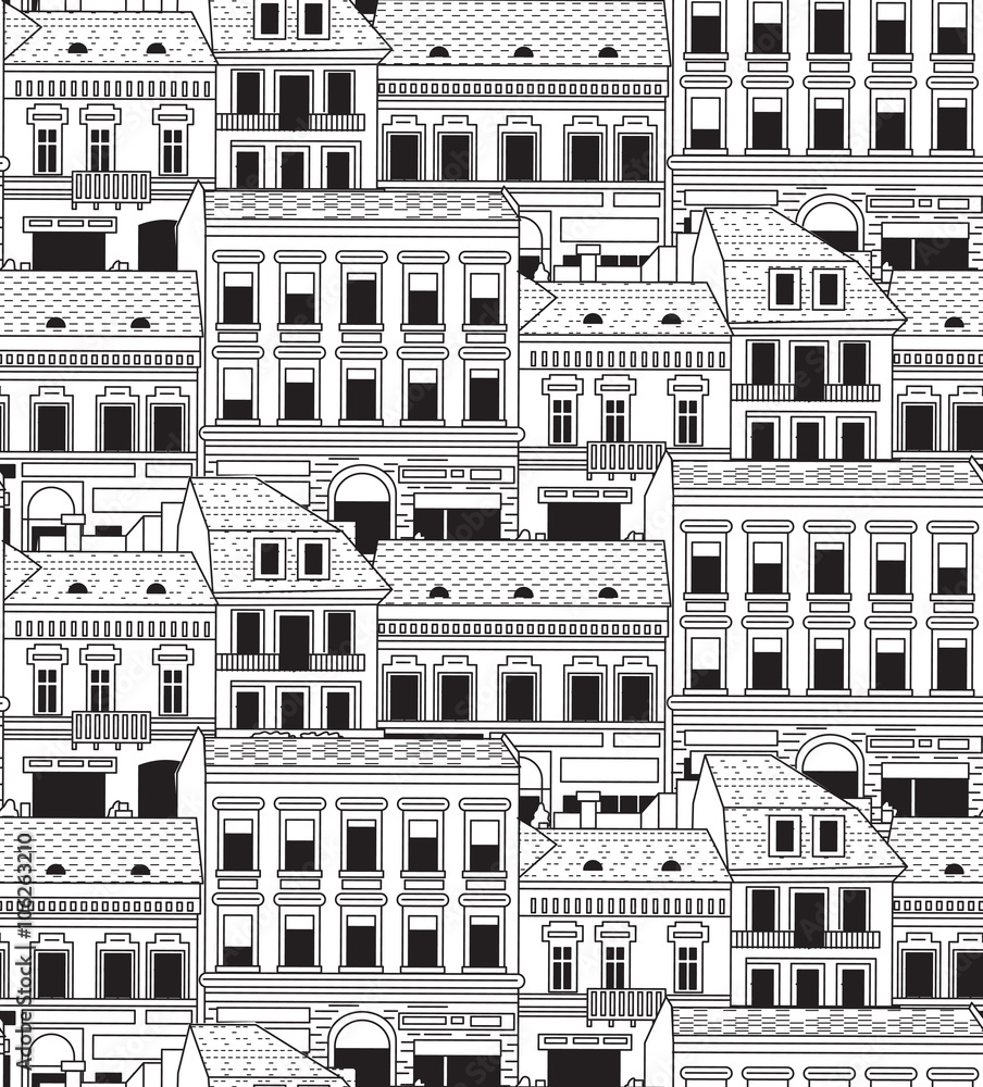 City buildings down town black and white seamless pattern.  