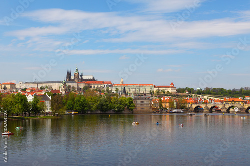 View of Charles Bridge and Prague Castle from the river Vltava, Czech Republic