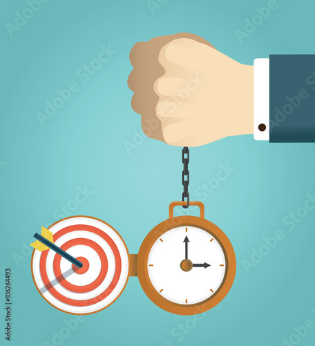Vector concept of deadline and successfully completed work. Hand holding watch. Time management, start up and result