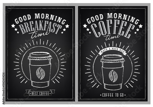Positive vintage poster with cups of coffee. Title Good Morning. Breakfast time