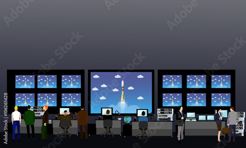 Space mission control center. Rocket launch vector illustration