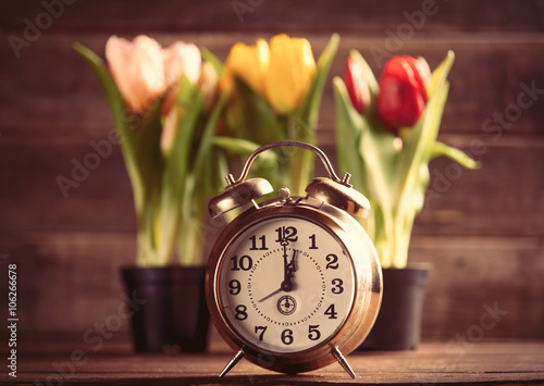 Fototapeta Naklejka Na Ścianę i Meble -  bunches of tulips and clock on the table