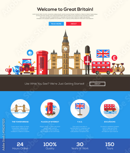 Traveling to Great Britain website header banner with webdesign elements