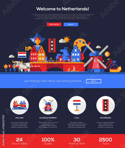 Traveling to Netherlands website header banner with webdesign elements