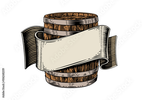 Beer wooden barrel and ribbon