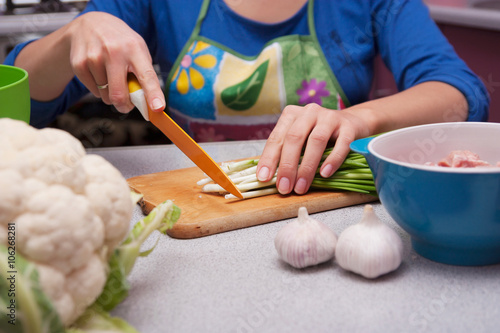 cutting meat and green onions photo