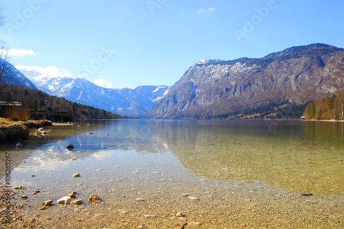 Lake Bohinj with Julian Alps in background in Slovenia 