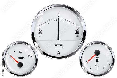 Car dashboard - ammeter, fuel gauge, oil pressure gauge. With chrome frame