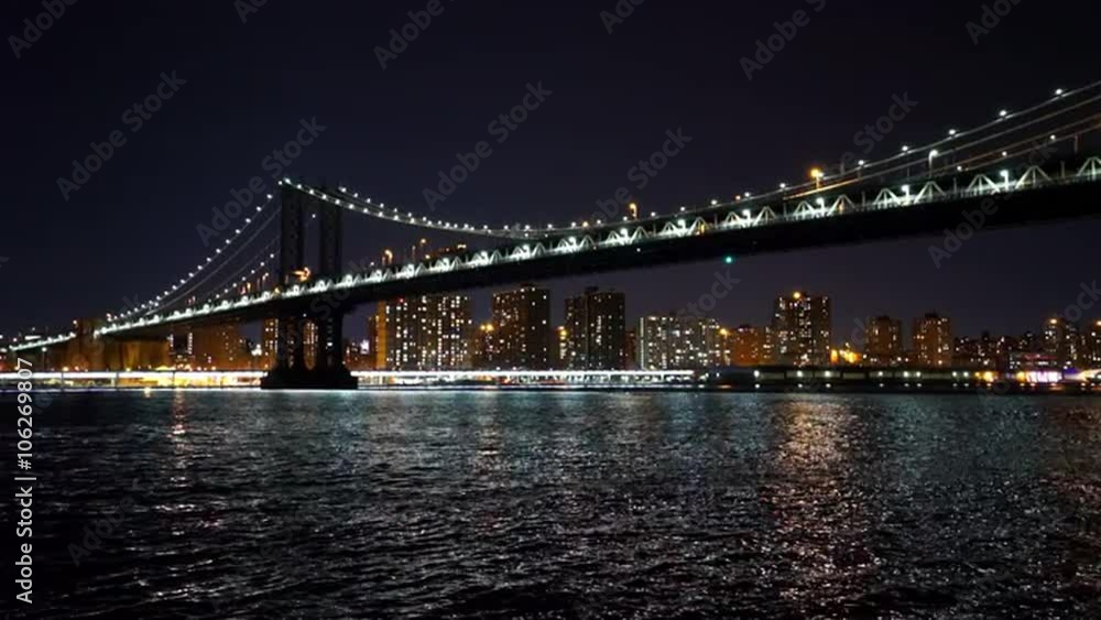 Hudson River reflecting the city lights of New York and Manhattan Bridge - MANHATTAN, NEW YORK/USA APRIL 25, 2015 Hudson River reflecting the city lights of New York and Manhattan Bridge - MANHATTAN, NEW YORK/USA APRIL 25, 2015