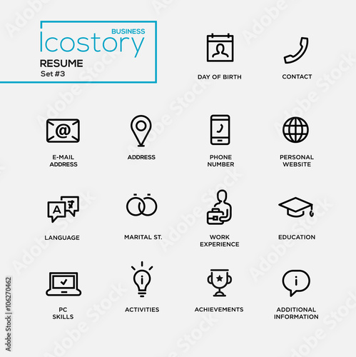 Modern resume simple thin line design icons, pictograms set